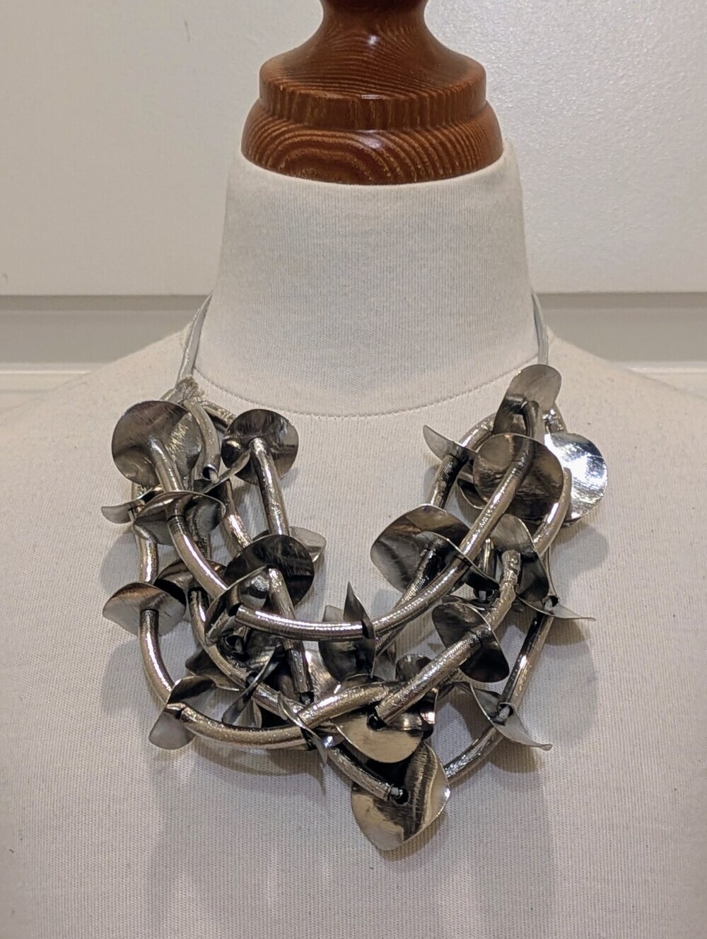 EUC 19" Handmade Mixed Media Silver Statement Necklace with Metal Discs